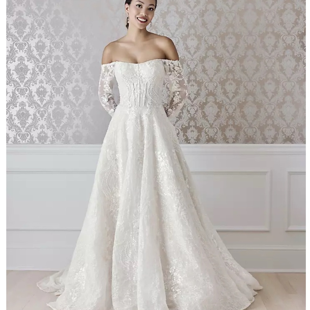 Oleg Cassini Ivory White Elegant Cream Off-Shoulder Lace Beaded Dress - Picture 3 of 11